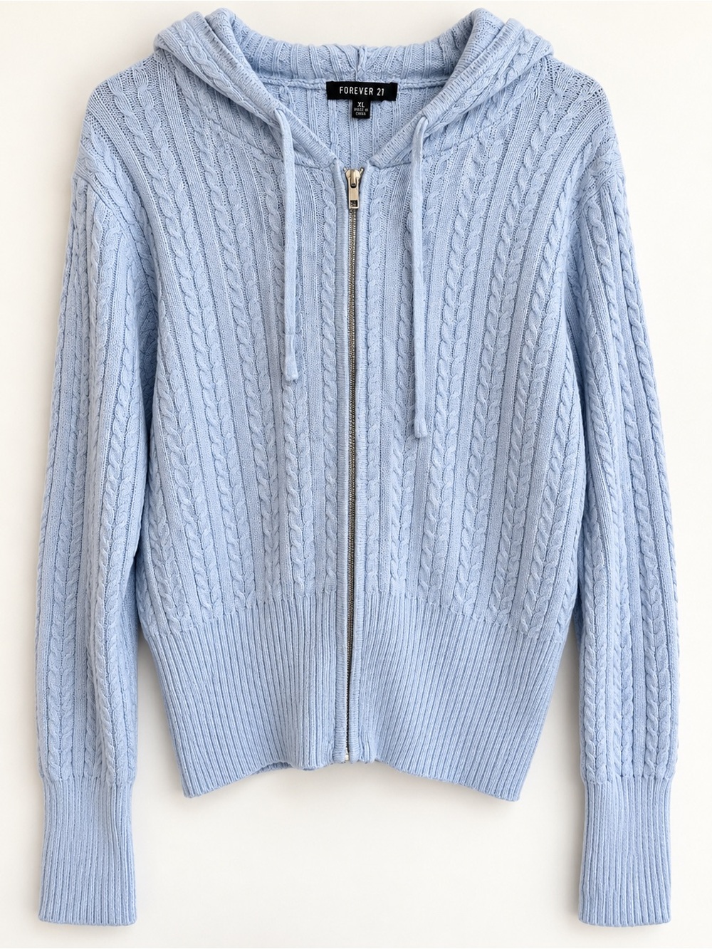 Forever 21 Baby Blue Cable-Knit Zip Hoodie Cardigan